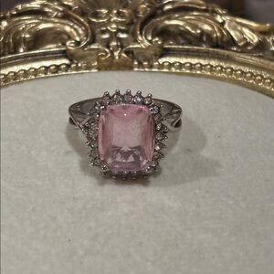 Silver tone Emerald Cut Solitaire Stone with Clear Faux Gemstone